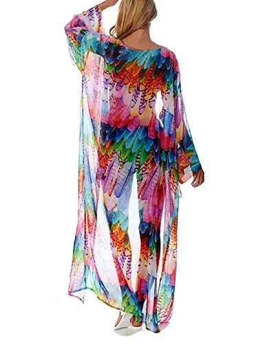 Feather Print Kimono: Women's Long Sleeve Beach Cardigan