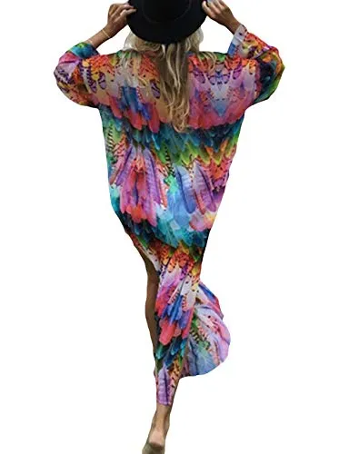 Feather Print Kimono: Women's Long Sleeve Beach Cardigan