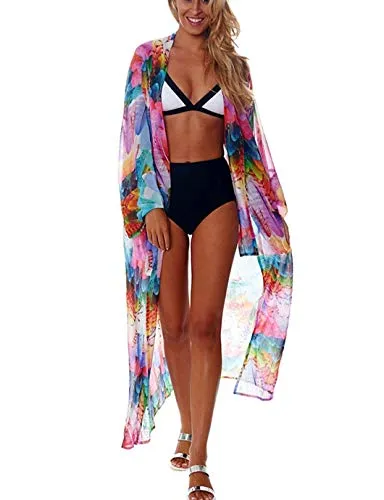 Feather Print Kimono: Women's Long Sleeve Beach Cardigan