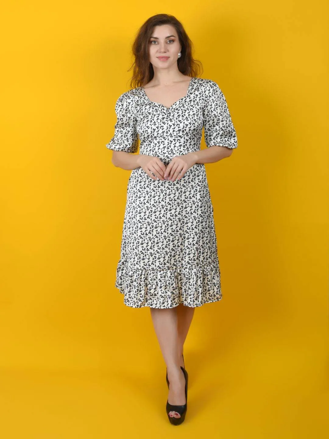 Flawless Women White Black Print Midi Dress | SANDRA