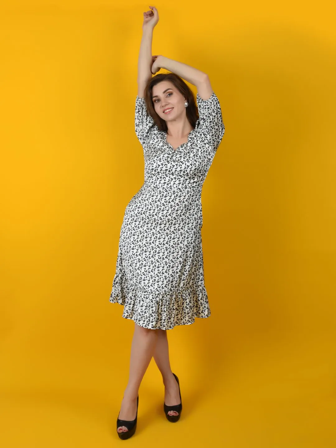 Flawless Women White Black Print Midi Dress | SANDRA