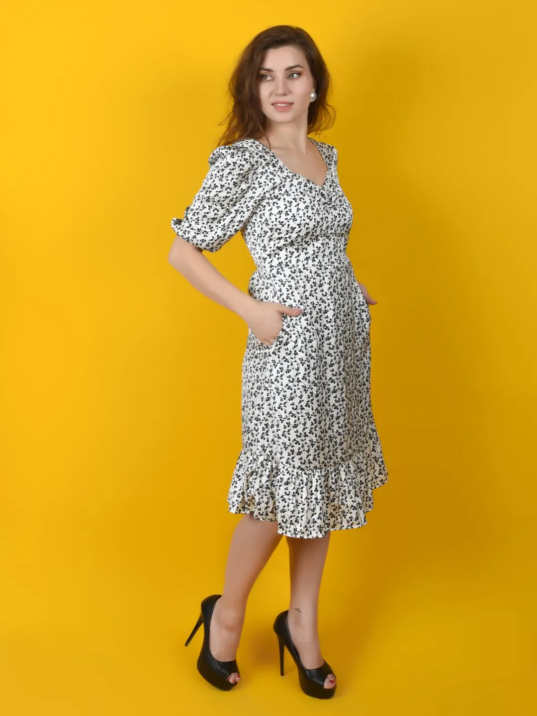 Flawless Women White Black Print Midi Dress | SANDRA