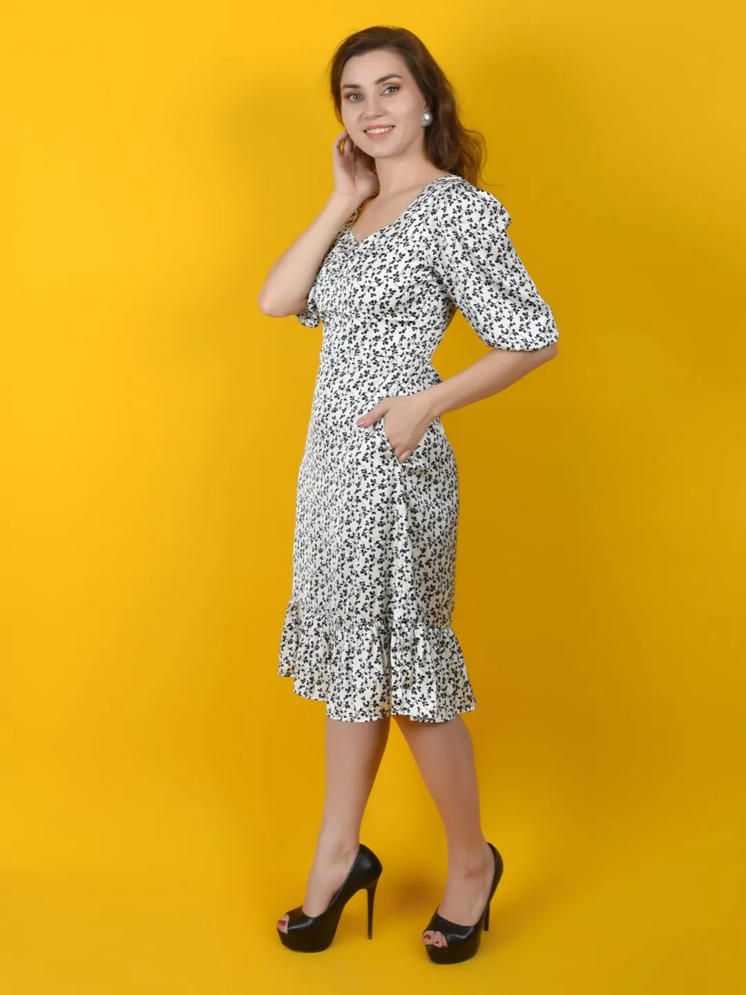 Flawless Women White Black Print Midi Dress | SANDRA