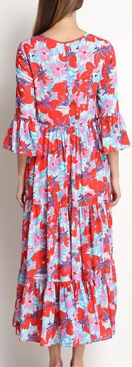 Floral-Print Silk and Cotton Blend Bell-Sleeve Midi Dress