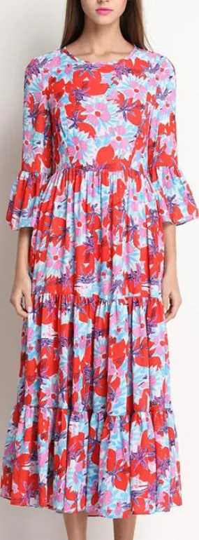 Floral-Print Silk and Cotton Blend Bell-Sleeve Midi Dress