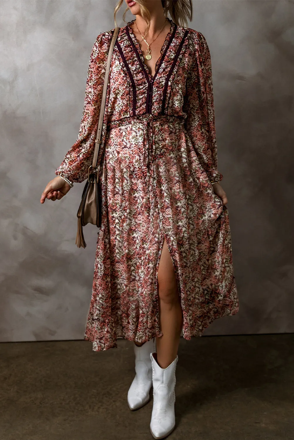 Floral Print V Neck Midi Dress