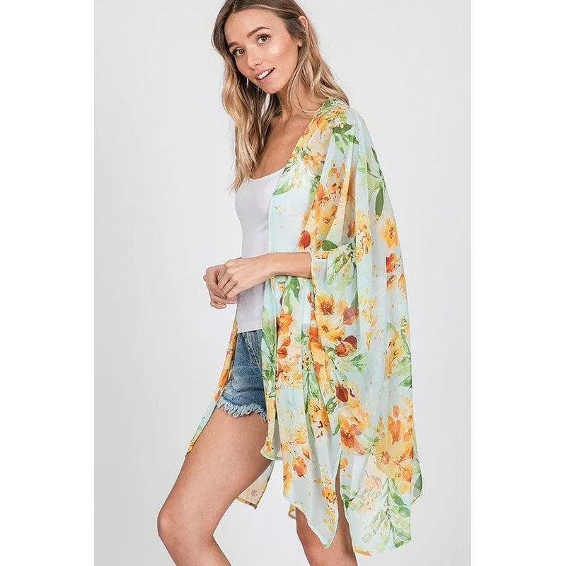 Flower chiffon open front kimono