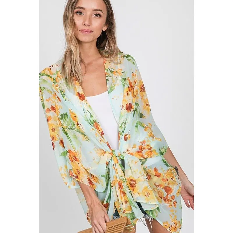 Flower chiffon open front kimono