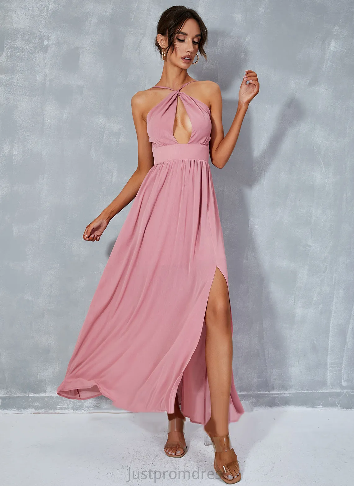 Front Sleeveless Dresses Hope Split Midi A-line Club Dresses Halter Chiffon Elegant