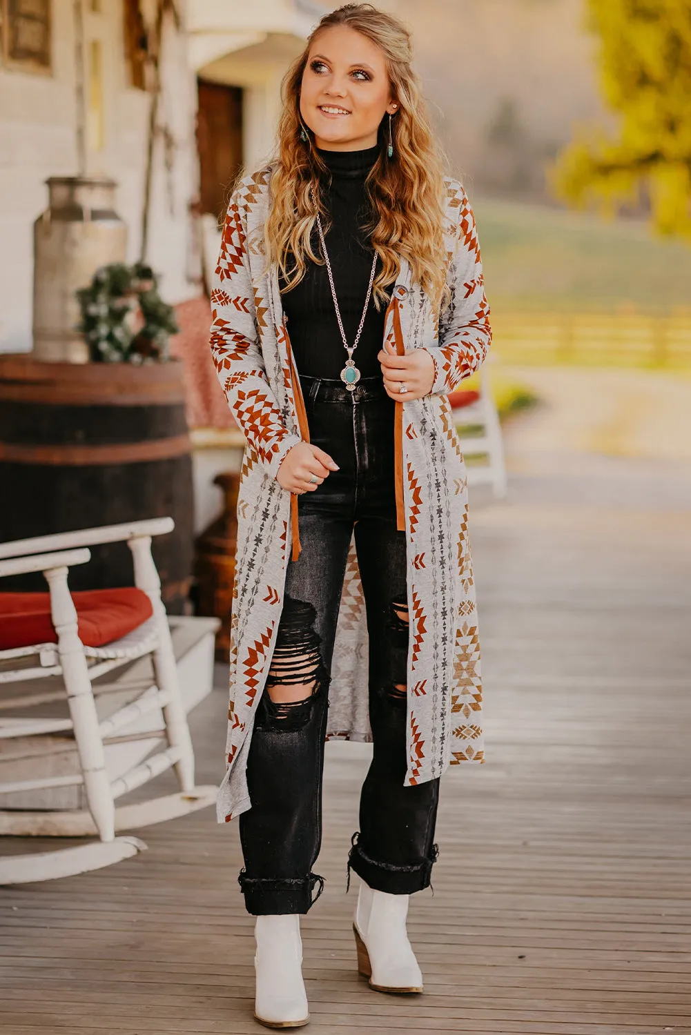 Geometric Aztec Print Open Front Cardigan