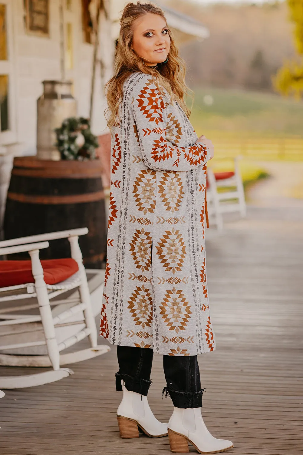 Geometric Aztec Print Open Front Cardigan
