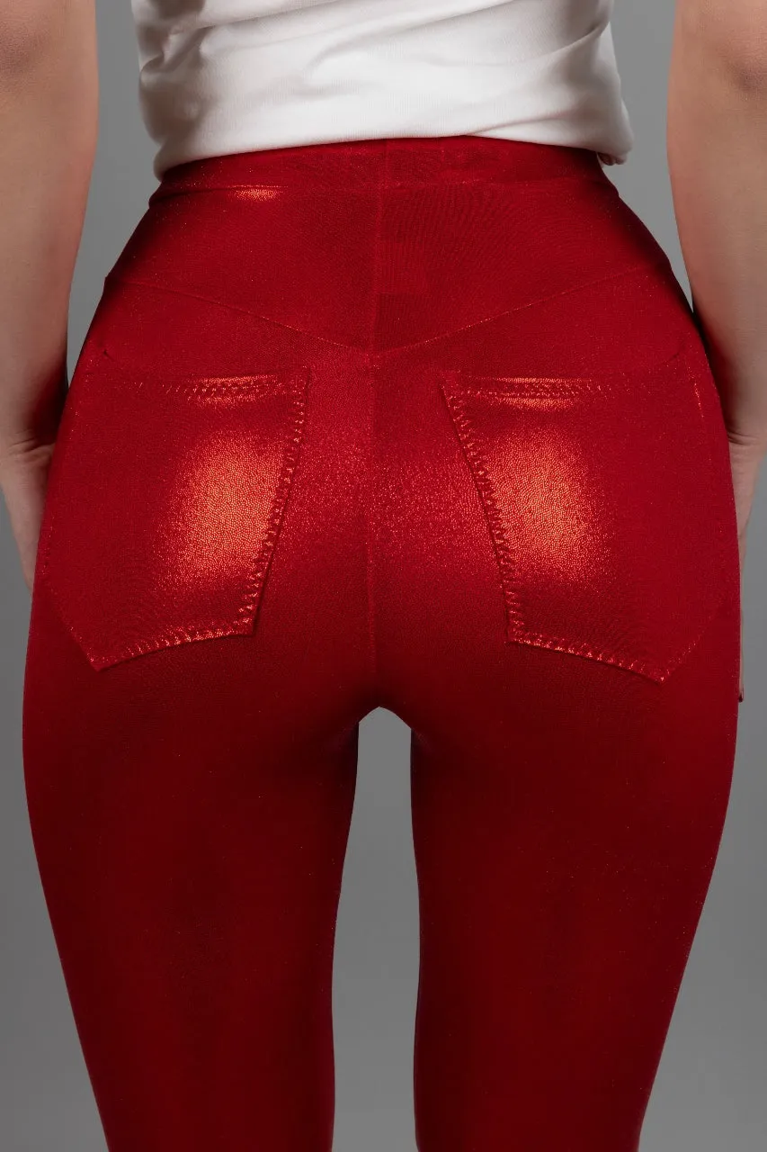 High Waist Jeans Back Flare Leggings, Red