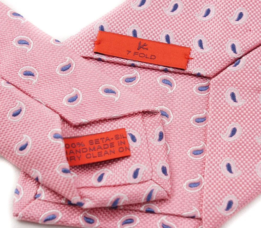 Isaia Pink and Blue Paisley 7-Fold Silk Tie
