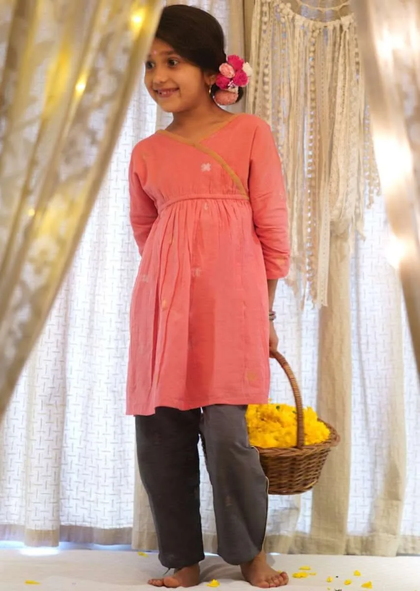 Kalki Girls Salmon Pink Stitched Wrap Style Kurta And Dark Grey Pants Set In Hand-woven Cotton Love The World Today