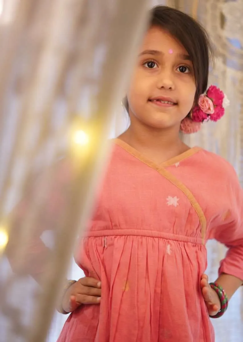 Kalki Girls Salmon Pink Stitched Wrap Style Kurta And Dark Grey Pants Set In Hand-woven Cotton Love The World Today