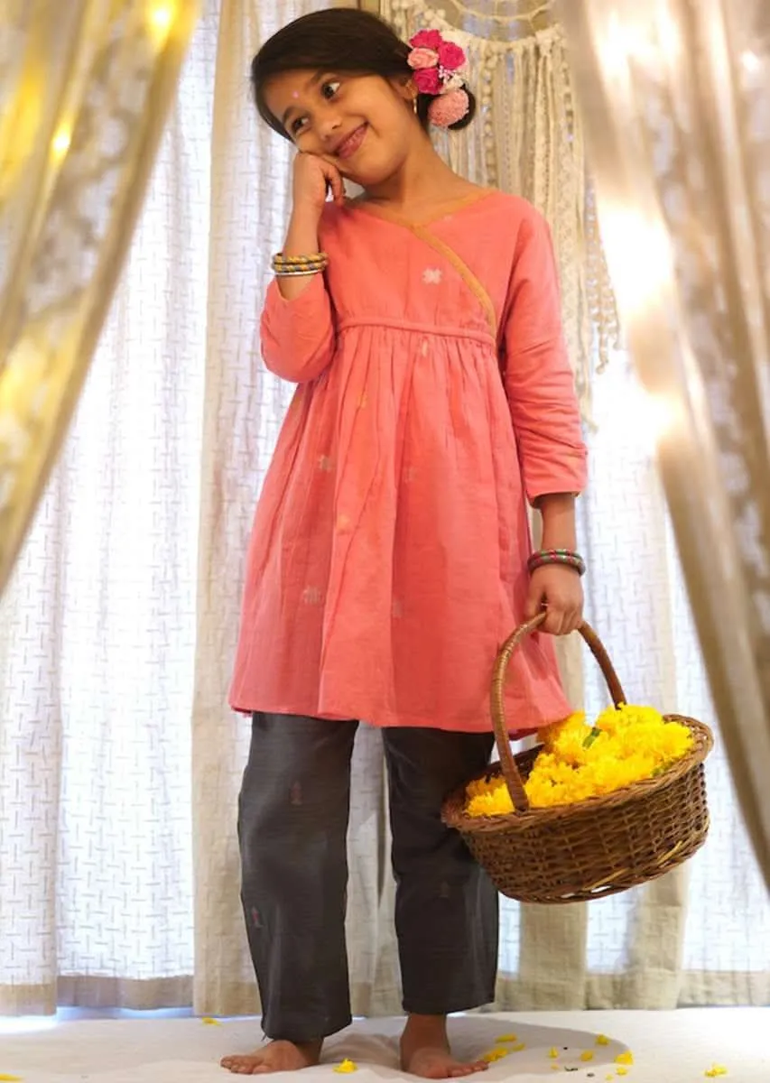 Kalki Girls Salmon Pink Stitched Wrap Style Kurta And Dark Grey Pants Set In Hand-woven Cotton Love The World Today