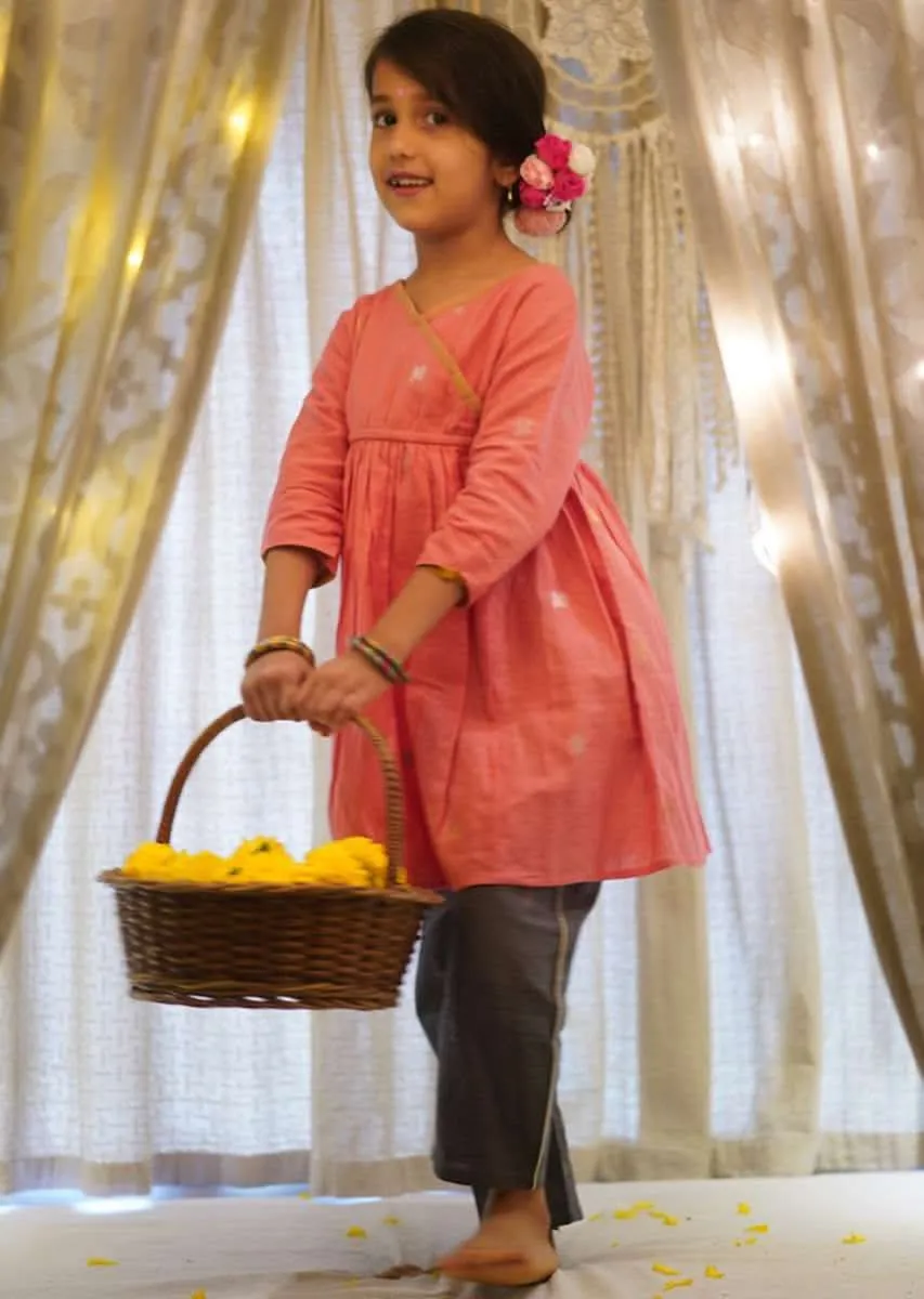 Kalki Girls Salmon Pink Stitched Wrap Style Kurta And Dark Grey Pants Set In Hand-woven Cotton Love The World Today