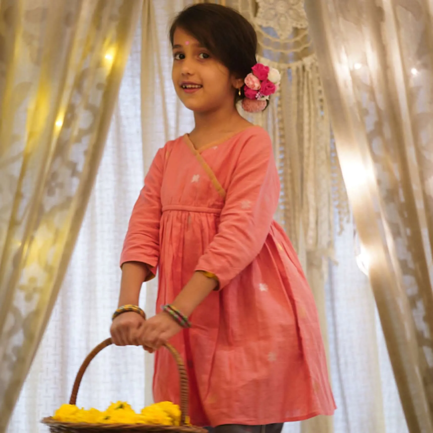 Kalki Girls Salmon Pink Stitched Wrap Style Kurta And Dark Grey Pants Set In Hand-woven Cotton Love The World Today