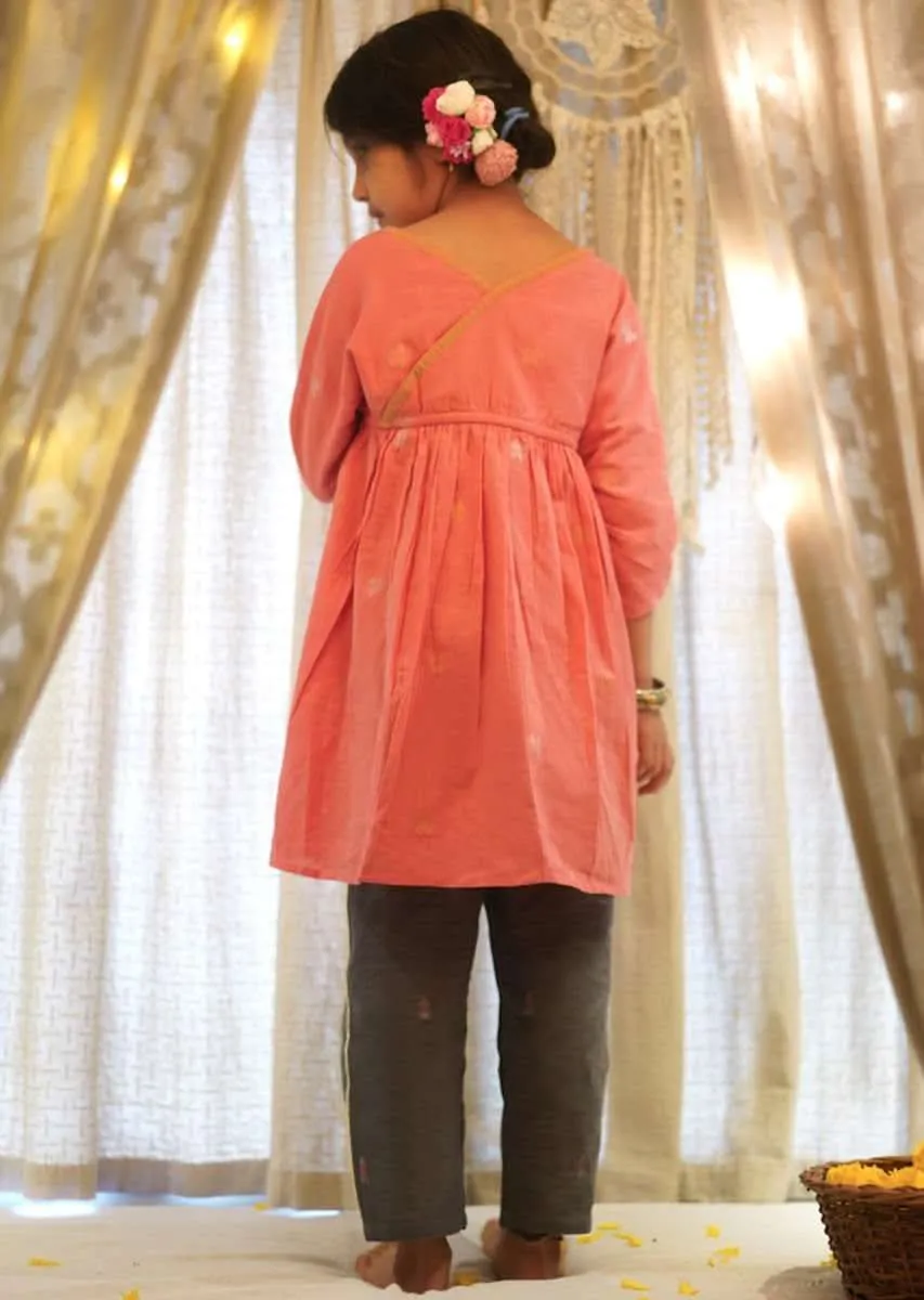 Kalki Girls Salmon Pink Stitched Wrap Style Kurta And Dark Grey Pants Set In Hand-woven Cotton Love The World Today
