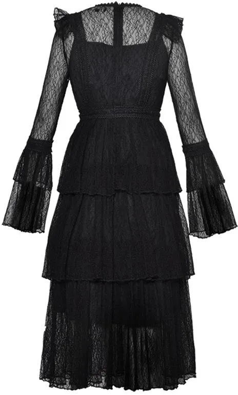 Lace-Tiered Long Sleeve Midi Dress, Black