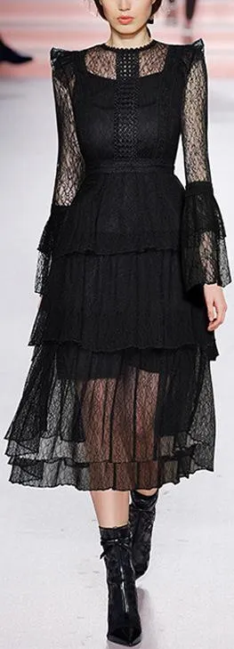 Lace-Tiered Long Sleeve Midi Dress, Black