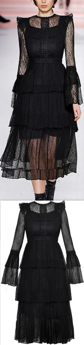 Lace-Tiered Long Sleeve Midi Dress, Black