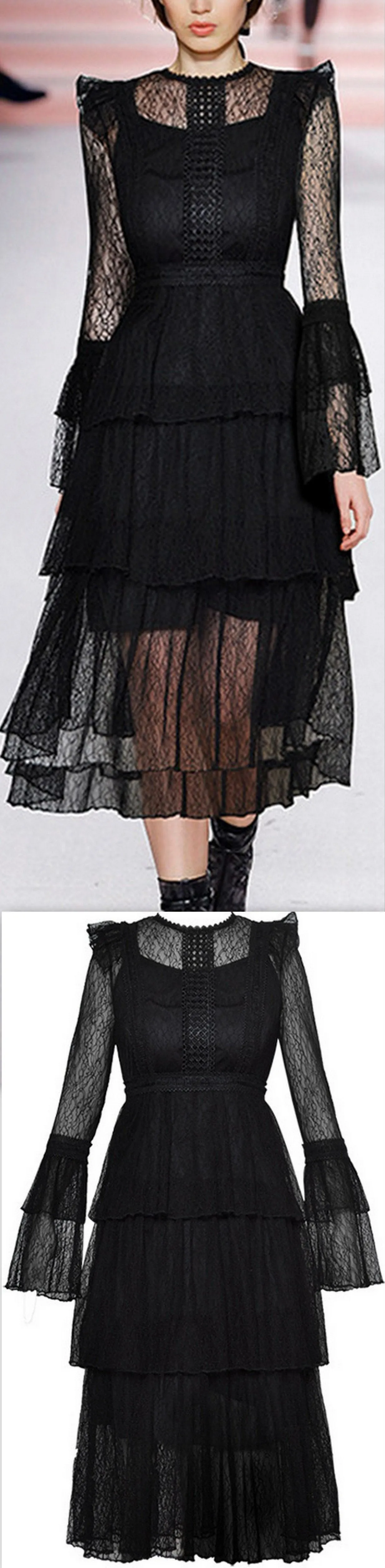 Lace-Tiered Long Sleeve Midi Dress, Black
