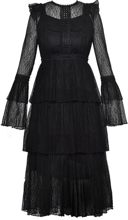 Lace-Tiered Long Sleeve Midi Dress, Black