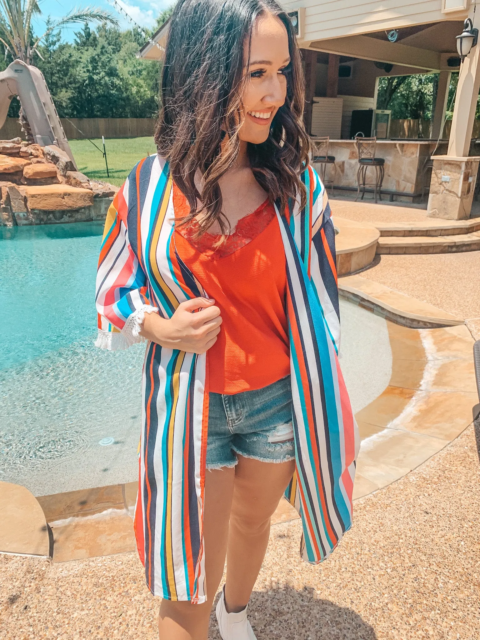 Last Chance Size S/M & M/L | Lost In You Striped Kimono with Fringe Trim Sleeves in Navy and Red