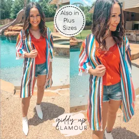 Last Chance Size S/M & M/L | Lost In You Striped Kimono with Fringe Trim Sleeves in Navy and Red