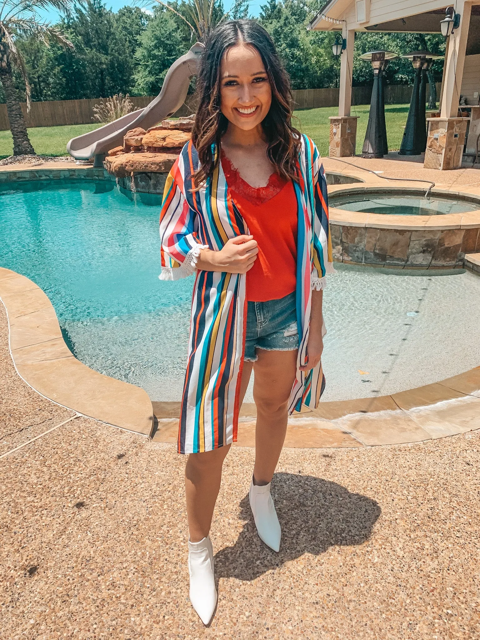 Last Chance Size S/M & M/L | Lost In You Striped Kimono with Fringe Trim Sleeves in Navy and Red