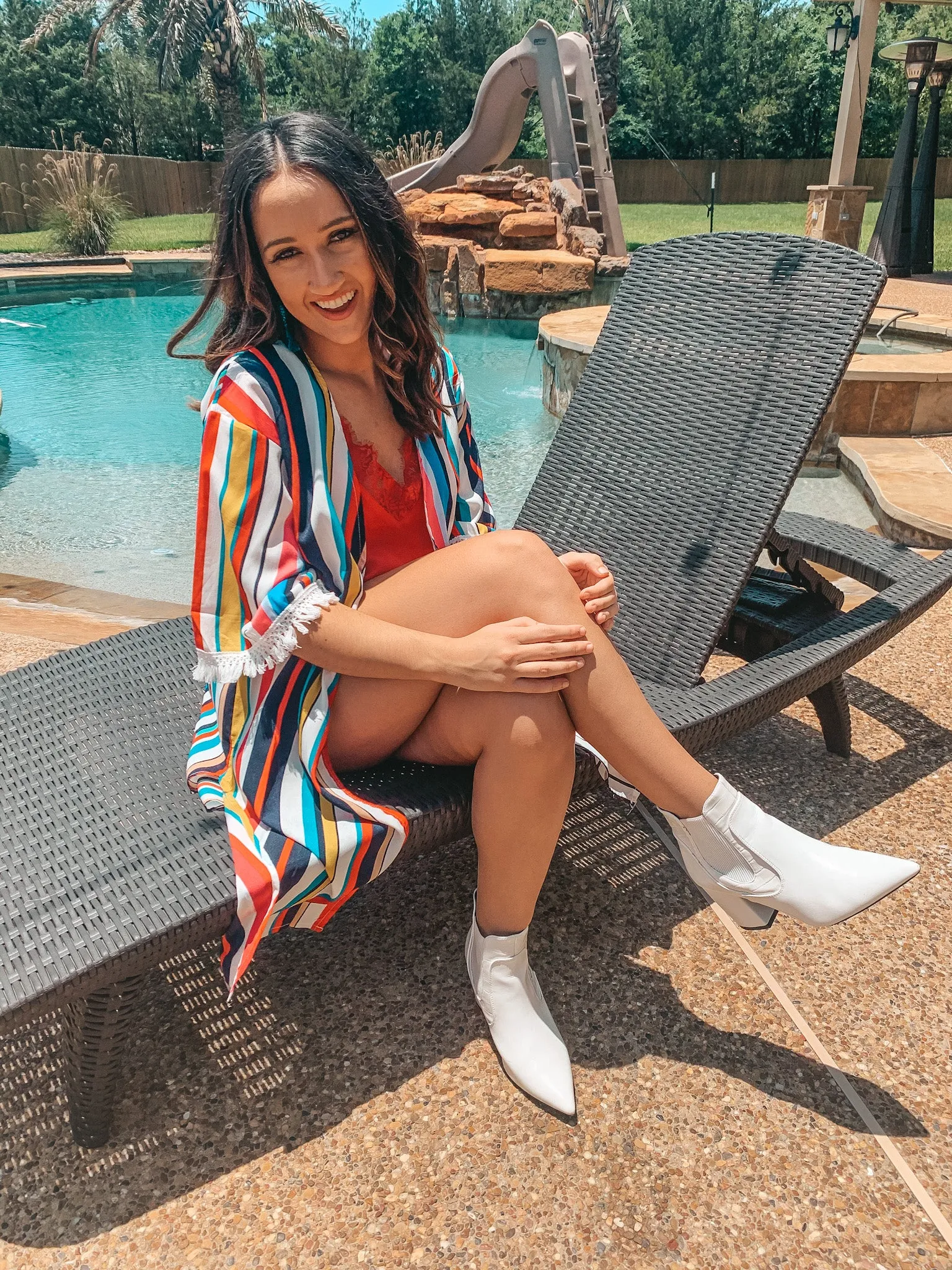 Last Chance Size S/M & M/L | Lost In You Striped Kimono with Fringe Trim Sleeves in Navy and Red
