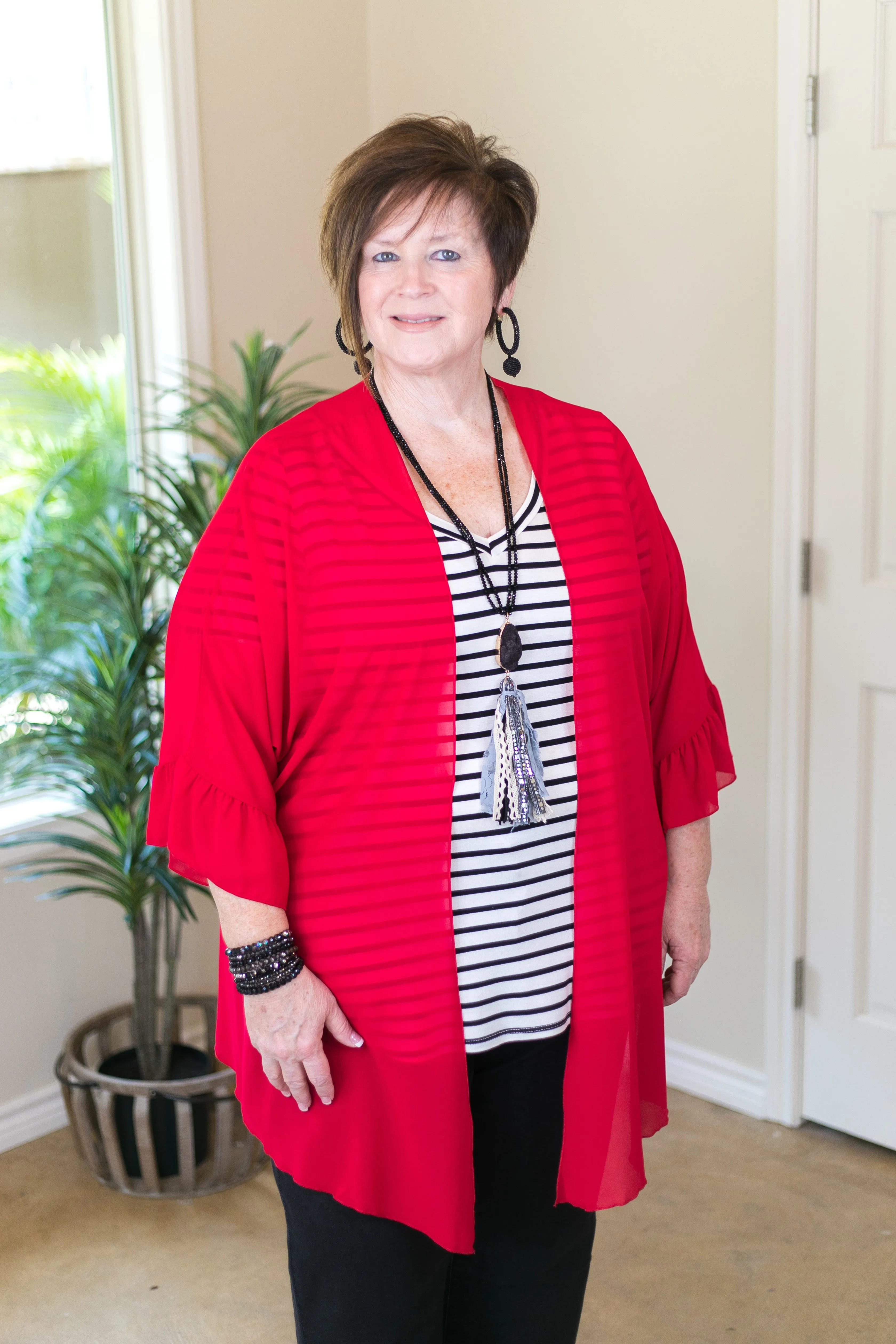 Last Chance Size Small | Tell Me About It Sheer Kimono with Ruffle Sleeves in Red
