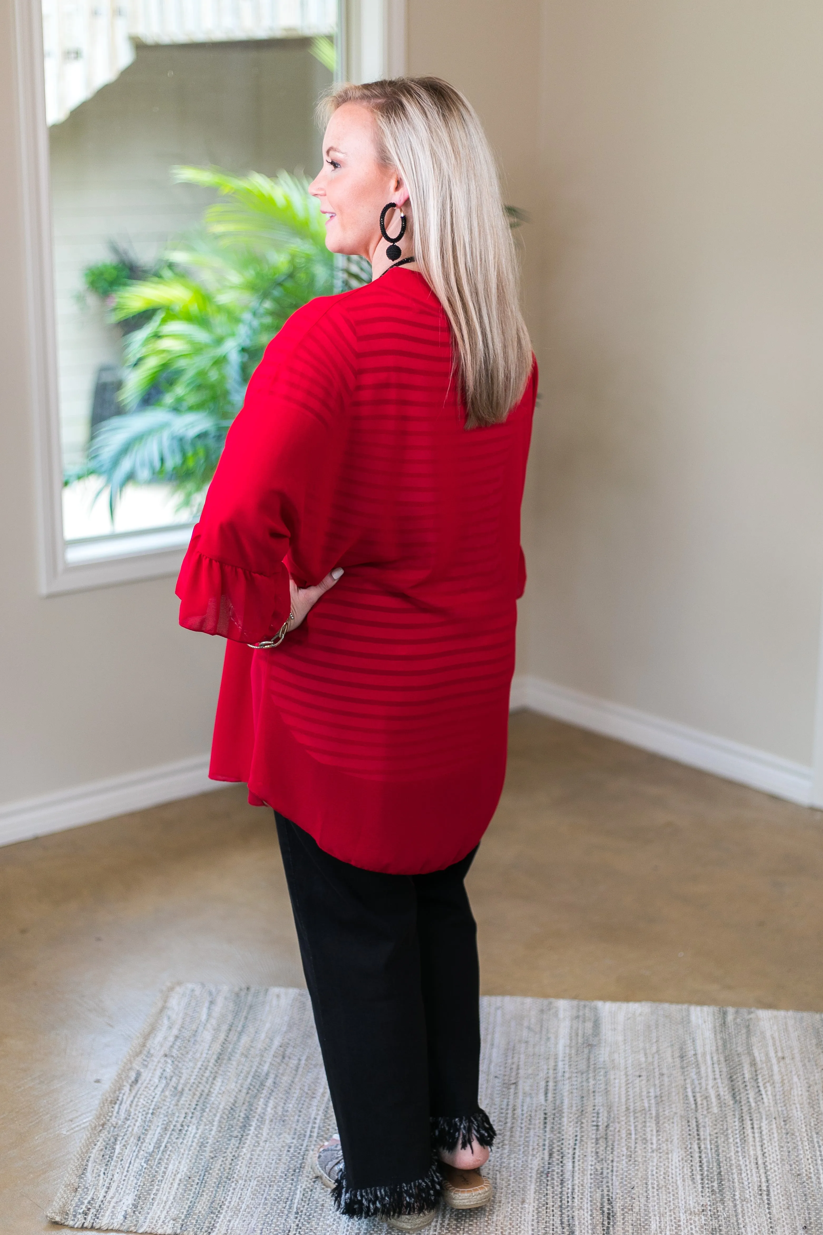 Last Chance Size Small | Tell Me About It Sheer Kimono with Ruffle Sleeves in Red