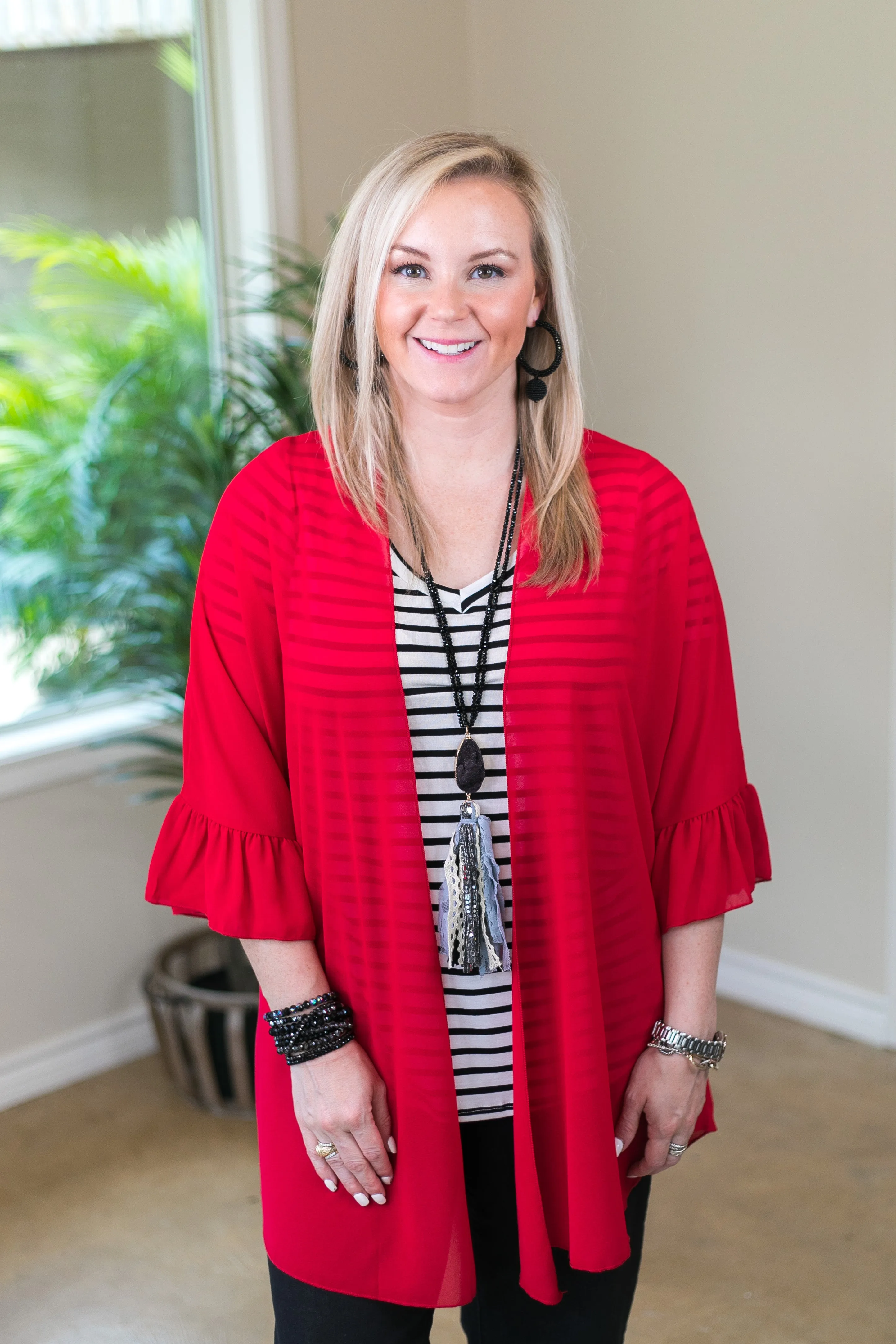 Last Chance Size Small | Tell Me About It Sheer Kimono with Ruffle Sleeves in Red