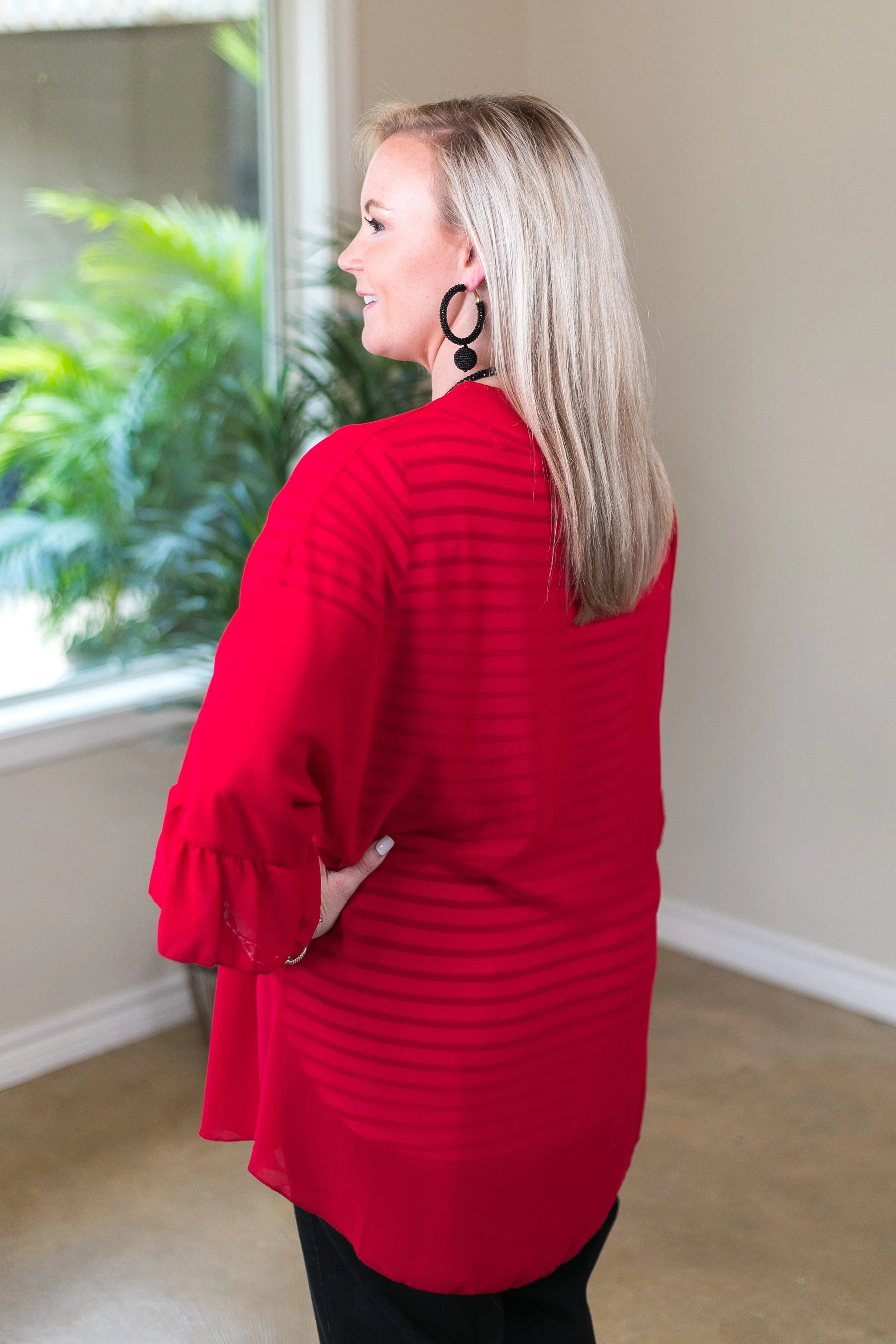 Last Chance Size Small | Tell Me About It Sheer Kimono with Ruffle Sleeves in Red