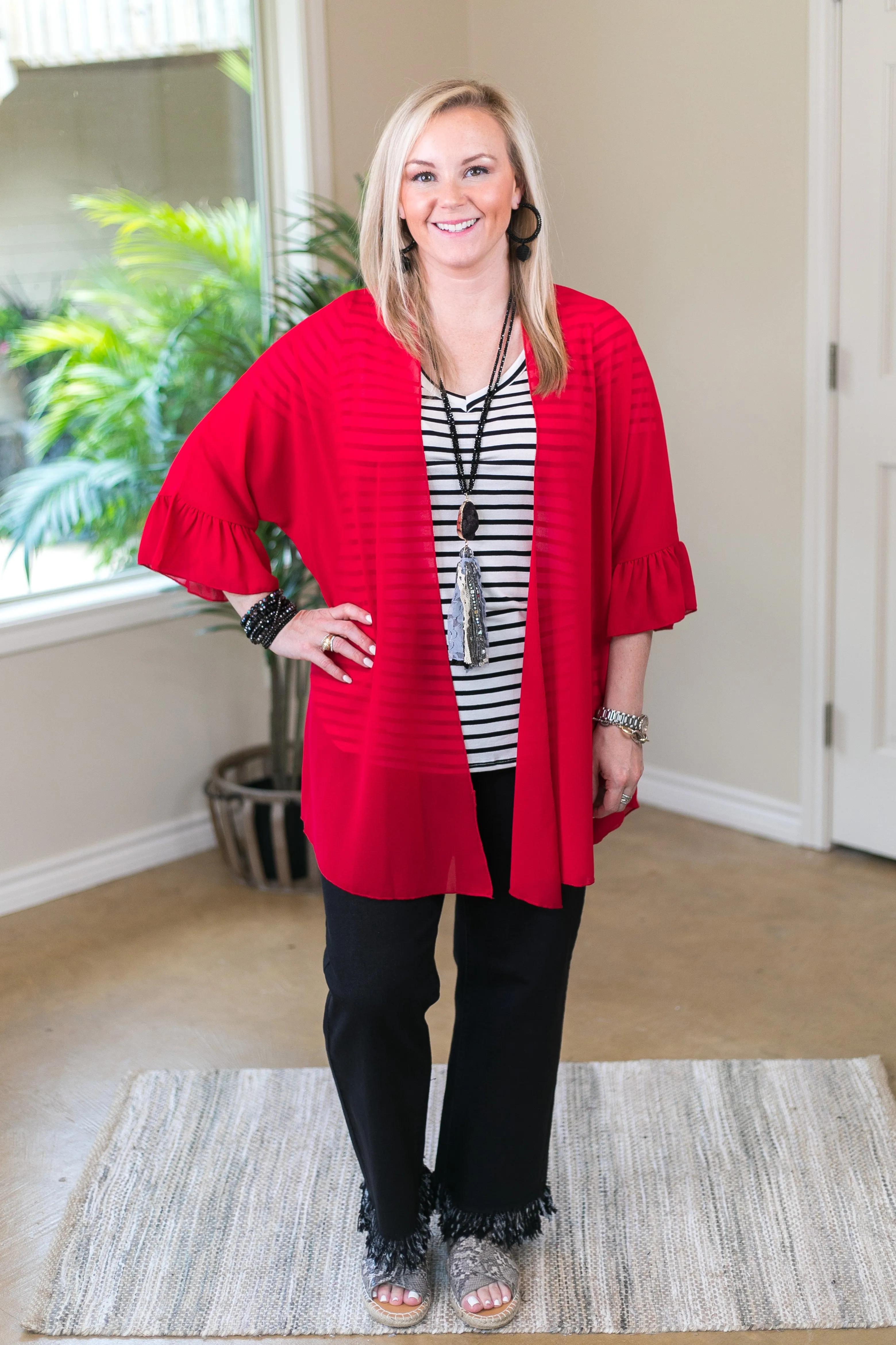 Last Chance Size Small | Tell Me About It Sheer Kimono with Ruffle Sleeves in Red