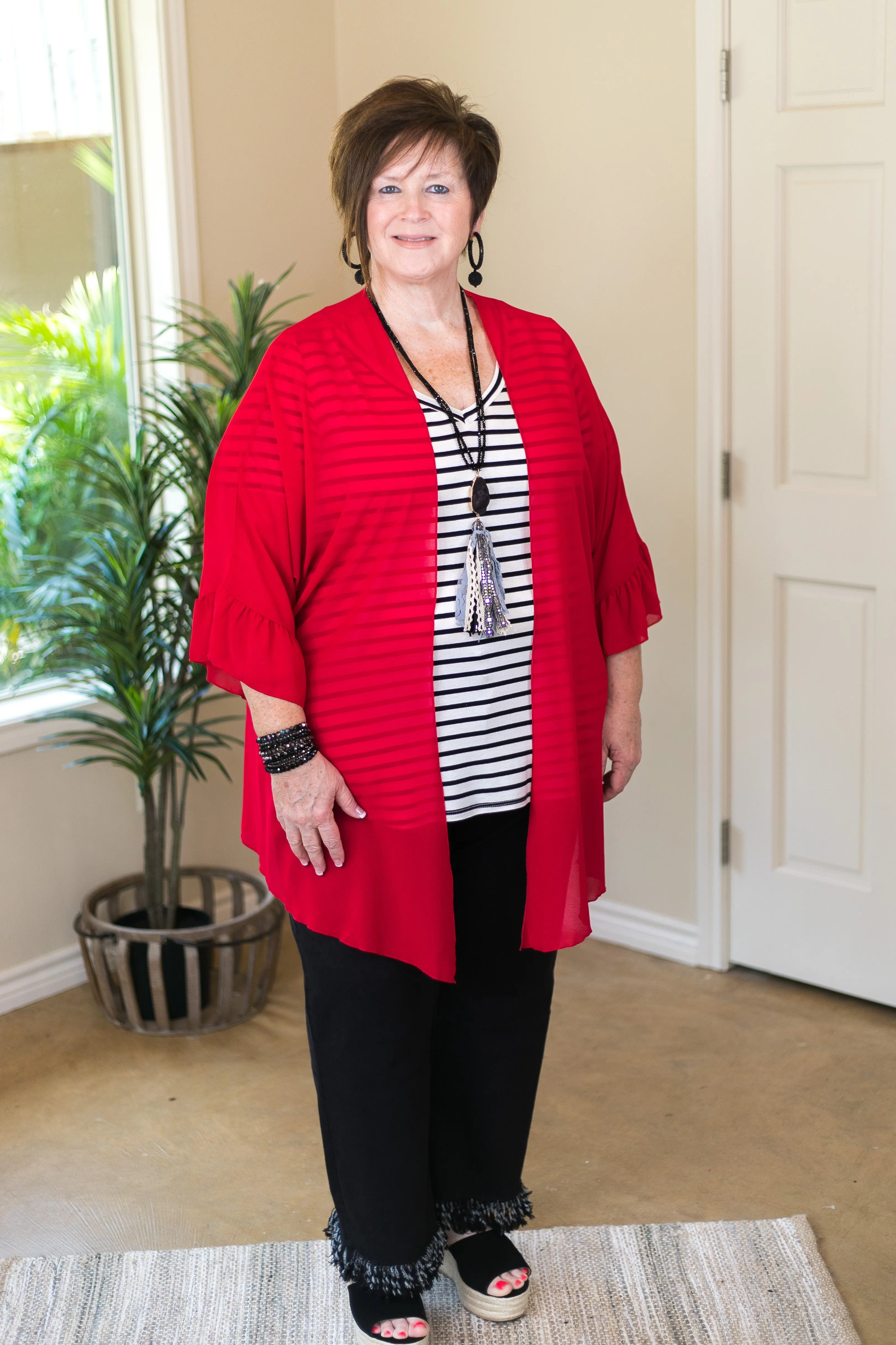 Last Chance Size Small | Tell Me About It Sheer Kimono with Ruffle Sleeves in Red