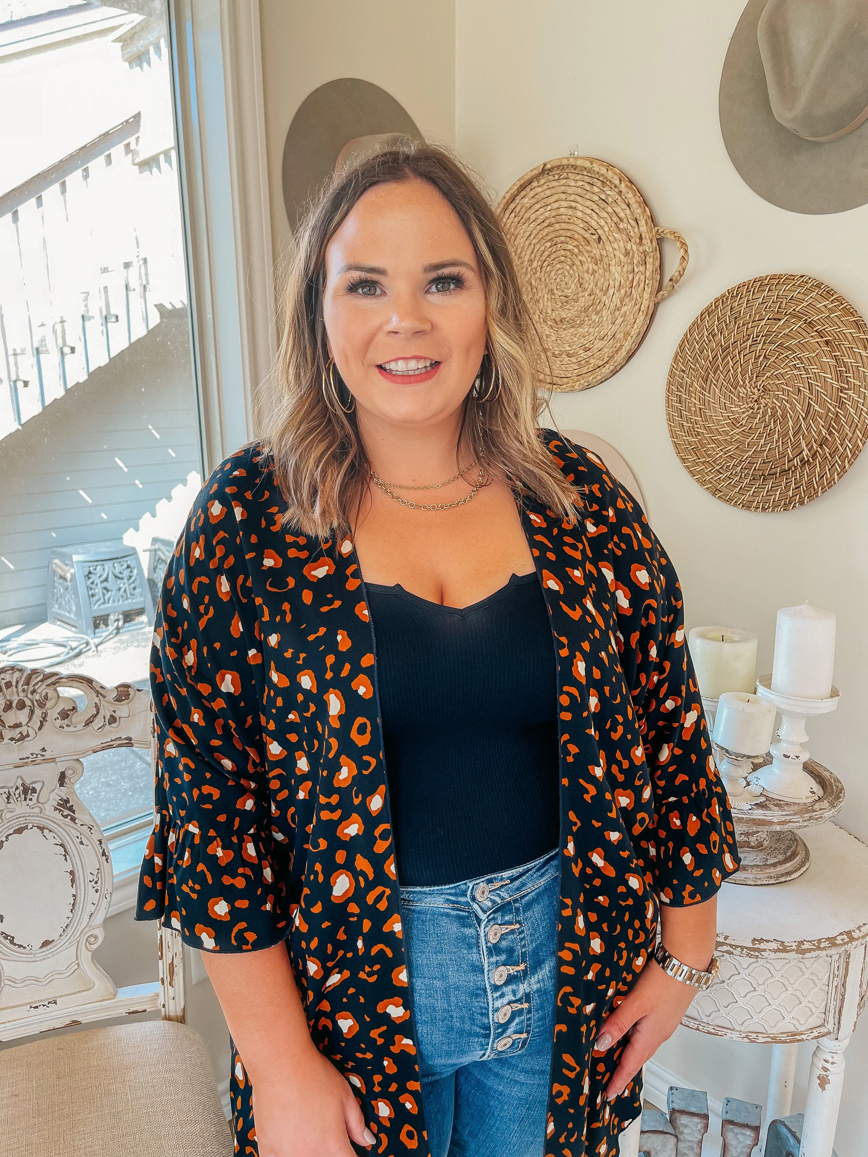 Last Chance Size Small | Tell Me About It Sheer Rust Leopard Kimono with Ruffle Sleeves in Black