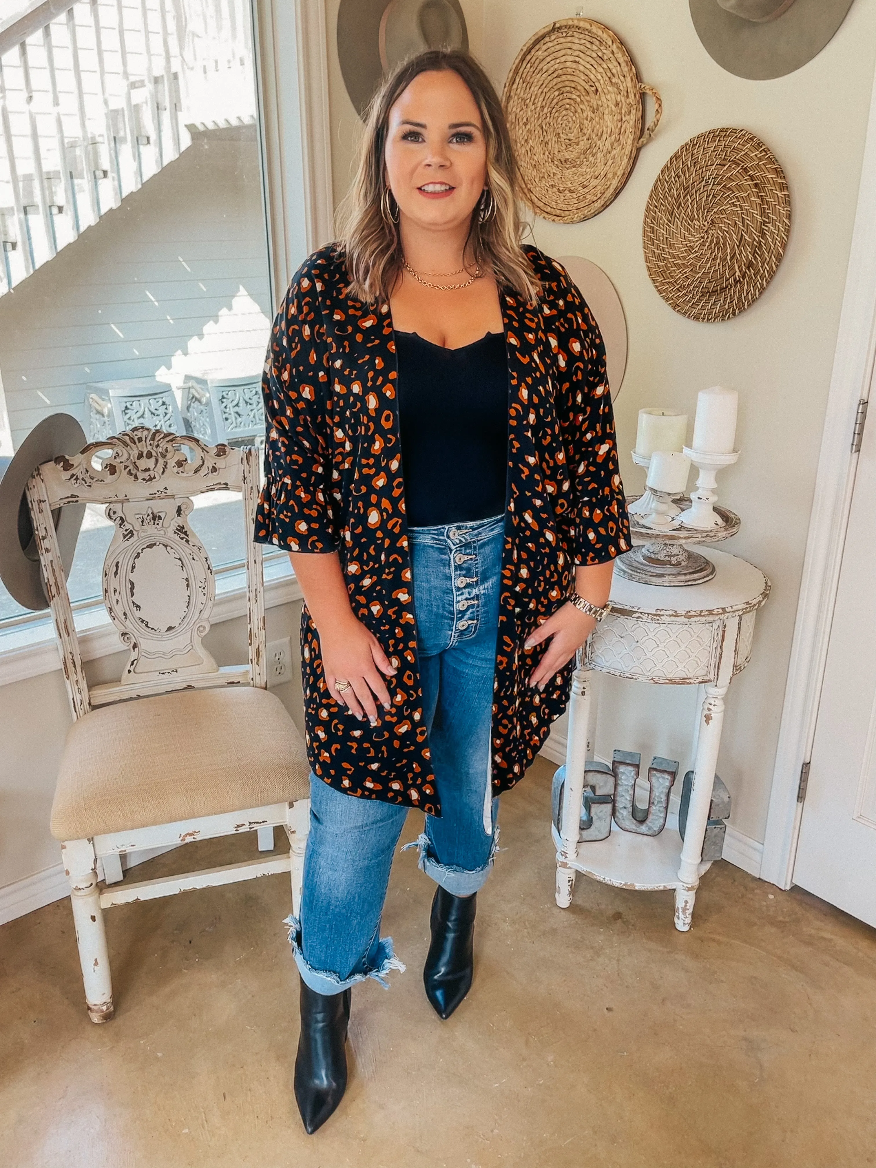 Last Chance Size Small | Tell Me About It Sheer Rust Leopard Kimono with Ruffle Sleeves in Black