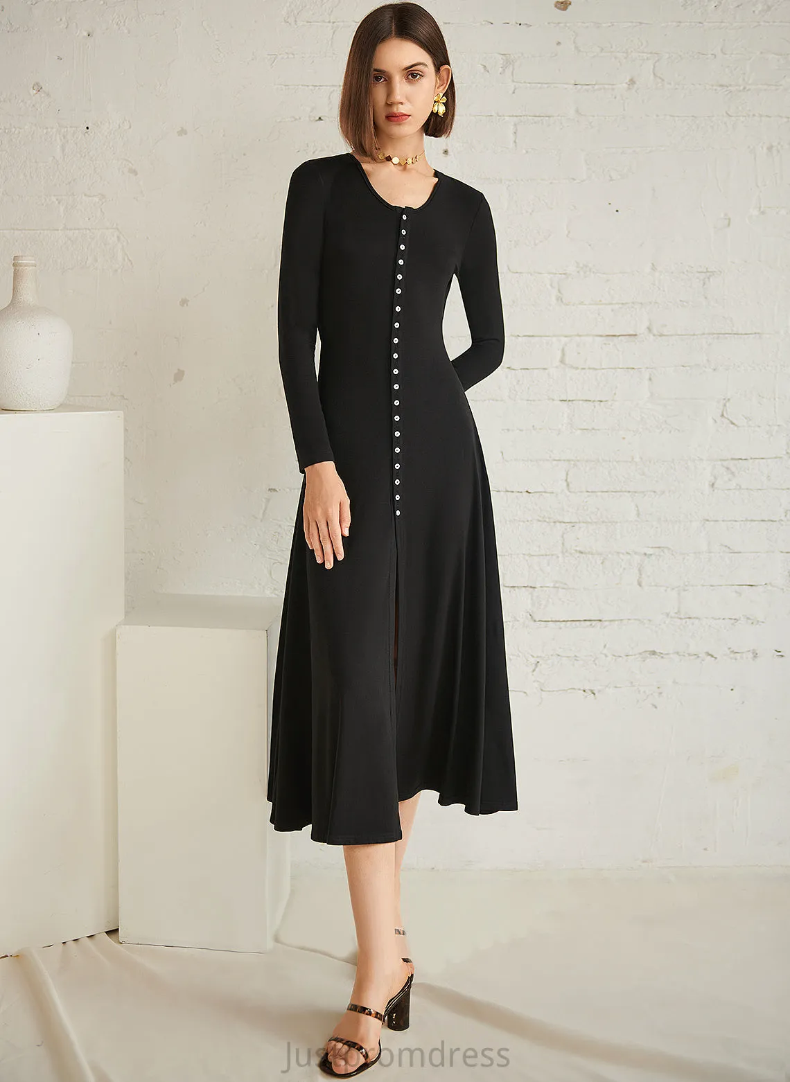 Long Cotton Nicole Sleeves Neck Sexy Dresses A-line Blends Club Dresses Midi Round