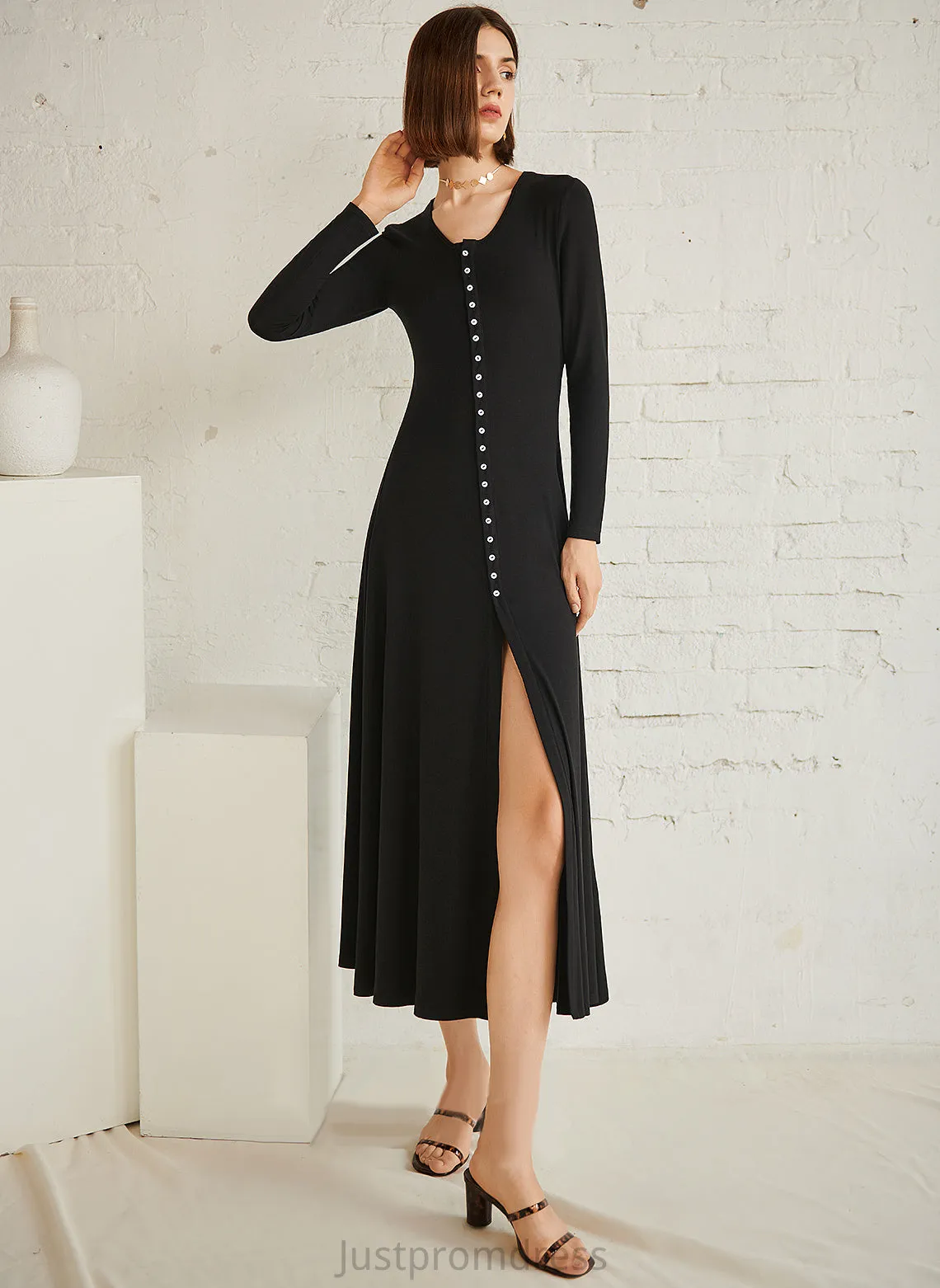 Long Cotton Nicole Sleeves Neck Sexy Dresses A-line Blends Club Dresses Midi Round