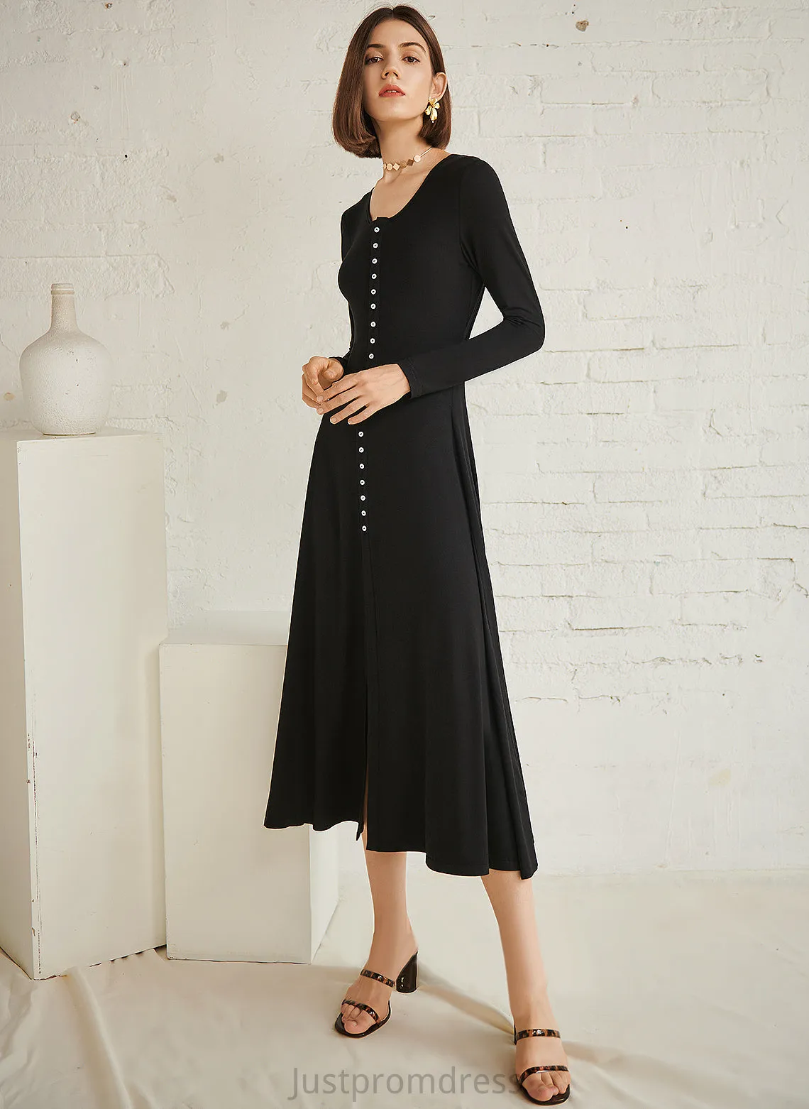 Long Cotton Nicole Sleeves Neck Sexy Dresses A-line Blends Club Dresses Midi Round