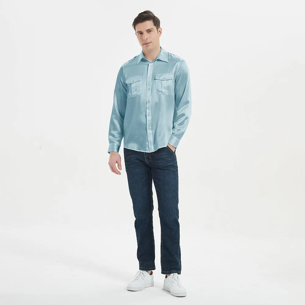 Luxury Mens Silk Shirts 100% Mulberry Silk Long Sleeves Silk Top With Two Patch Pockets
