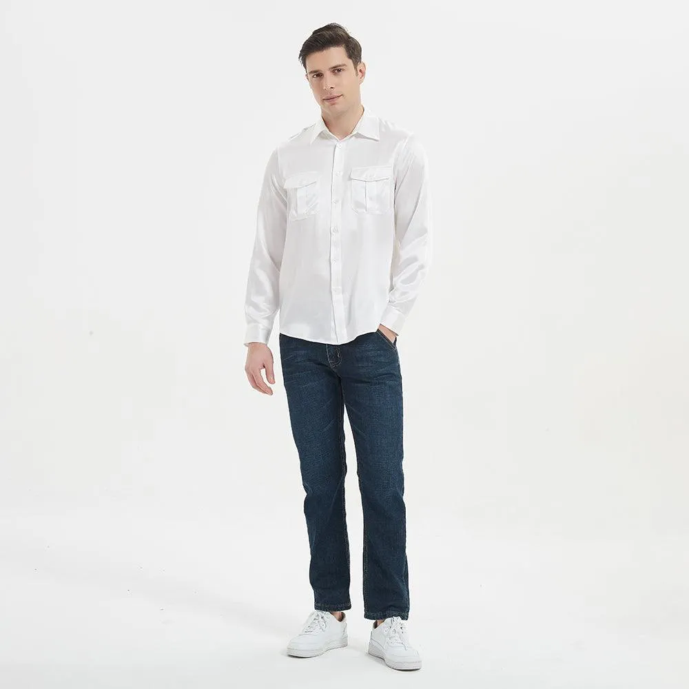 Luxury Mens Silk Shirts 100% Mulberry Silk Long Sleeves Silk Top With Two Patch Pockets