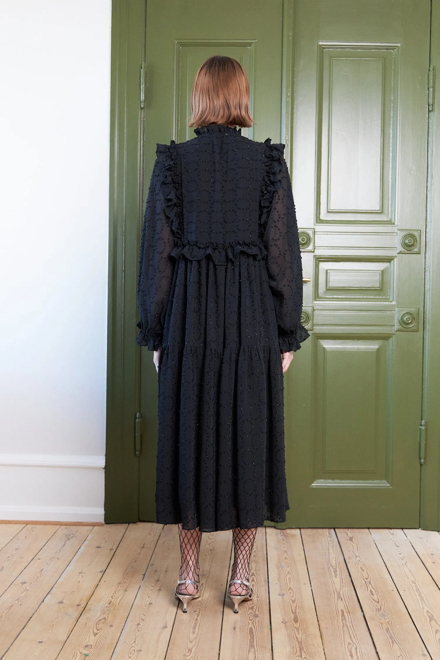 Midi dress with flounce at chest - Black