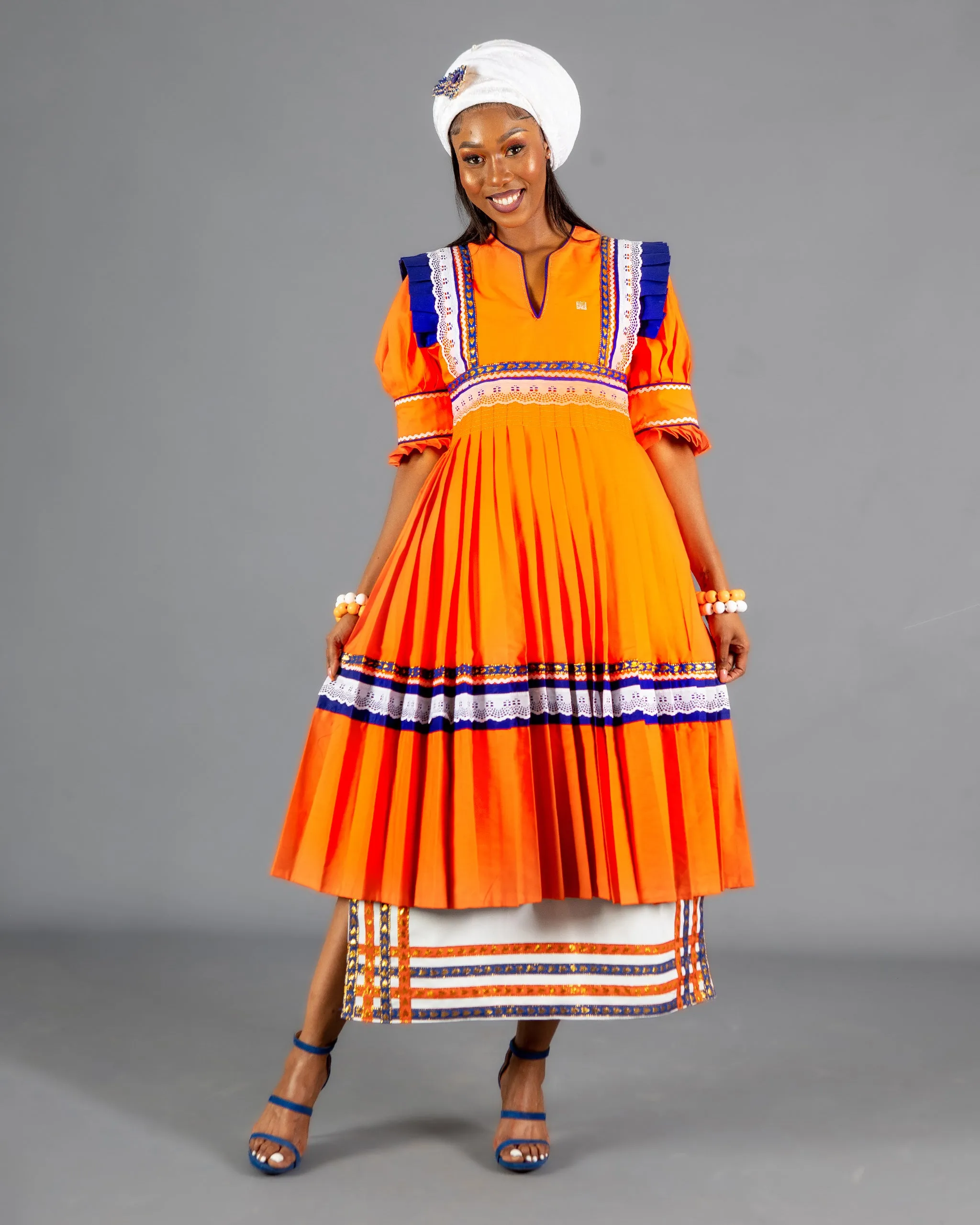 Mogoshadi Pleated Bridal Dress Set in Orange & Blue