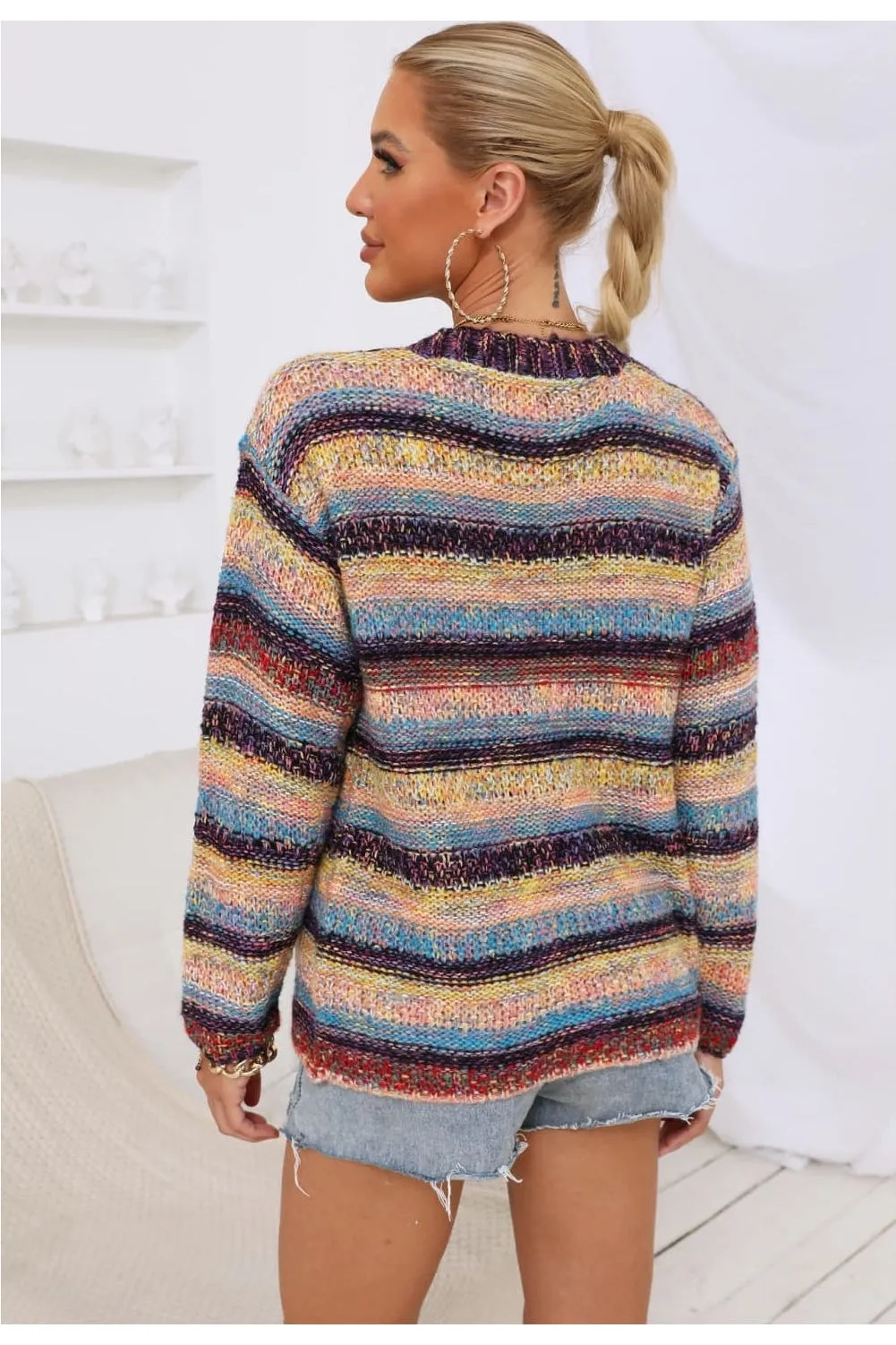 NicholesGifts Women Striped Long Sleeve Open Front Cardigan