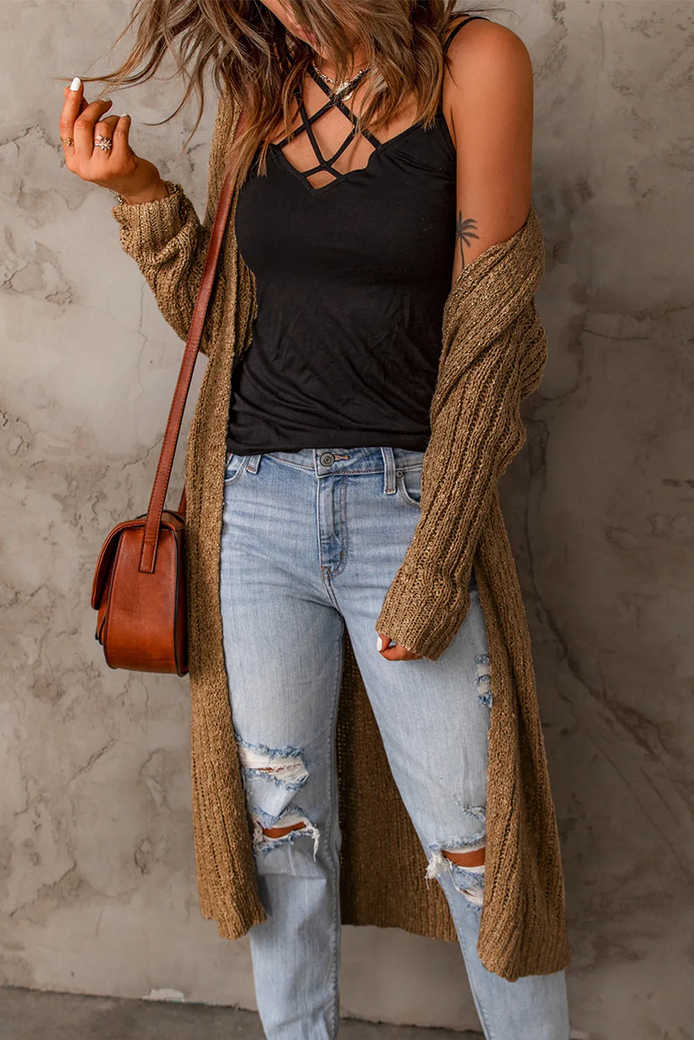 Open Front Drop Shoulder Knitted Cardigan