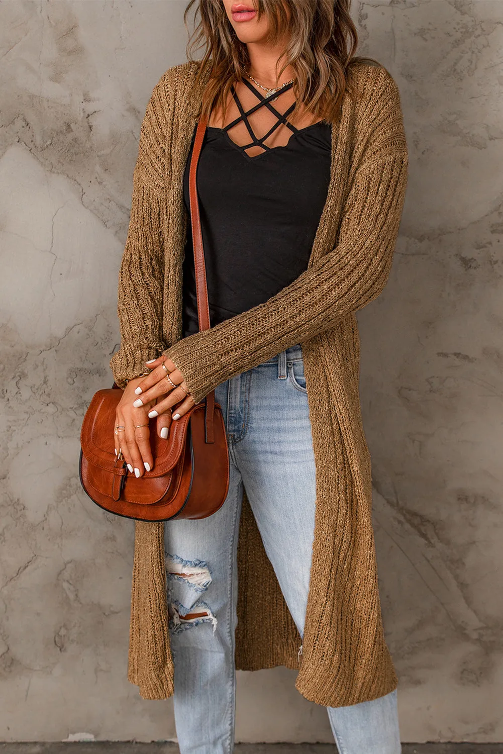 Open Front Drop Shoulder Knitted Cardigan